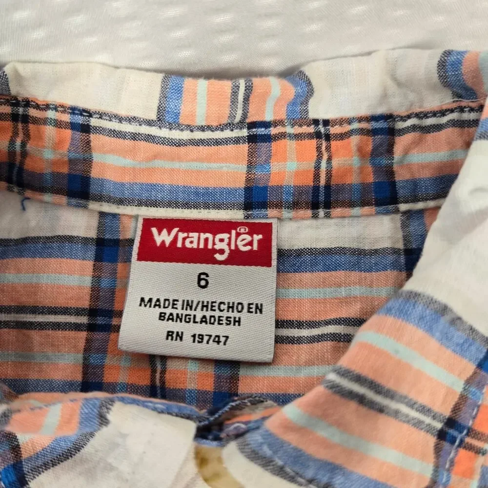 Wrangler Classic Cowboy Button Down Shirt Orange Blue White Check Pattern Size 6